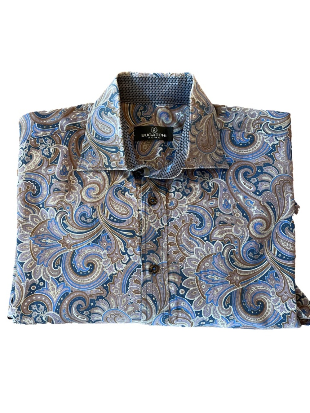 Vintage Bugatchi Paisley Button-Down Shirt in Blue, Tan & Purple size L